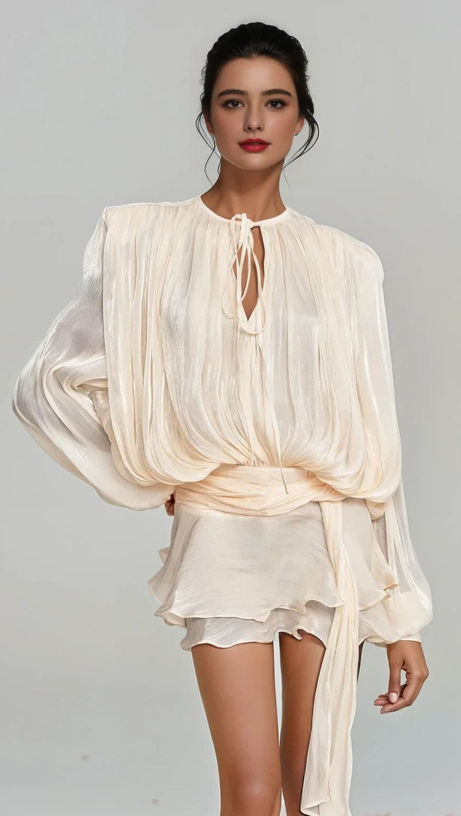 HERMOSA BALLOON SLEEVE RUCH RUFFLE MINI DRESS IN APRICOT