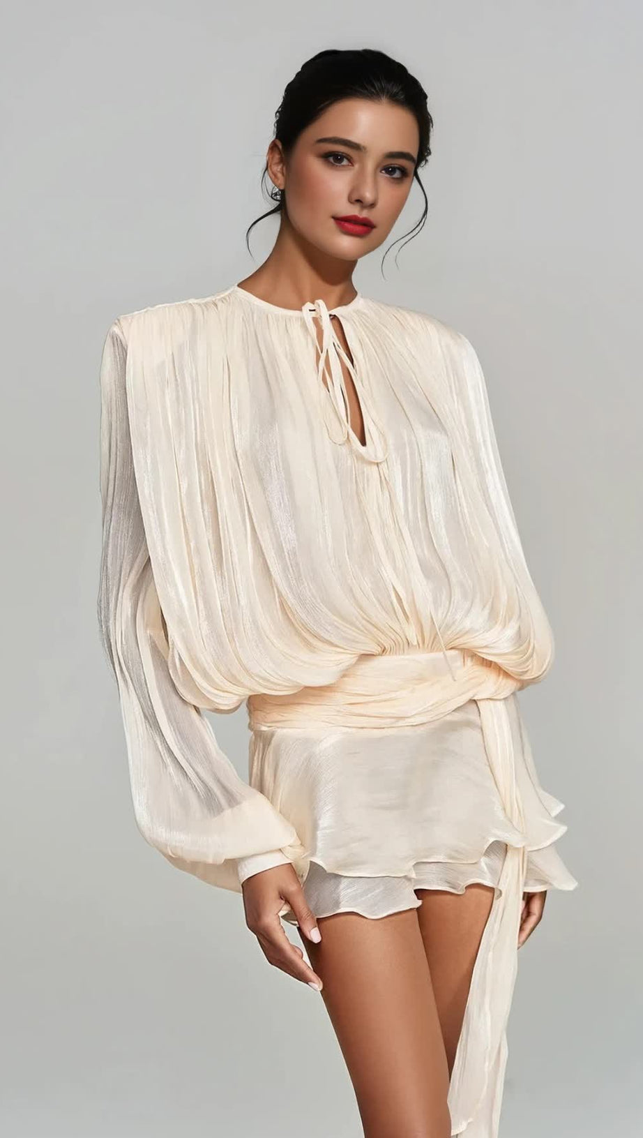 HERMOSA BALLOON SLEEVE RUCH RUFFLE MINI DRESS IN APRICOT