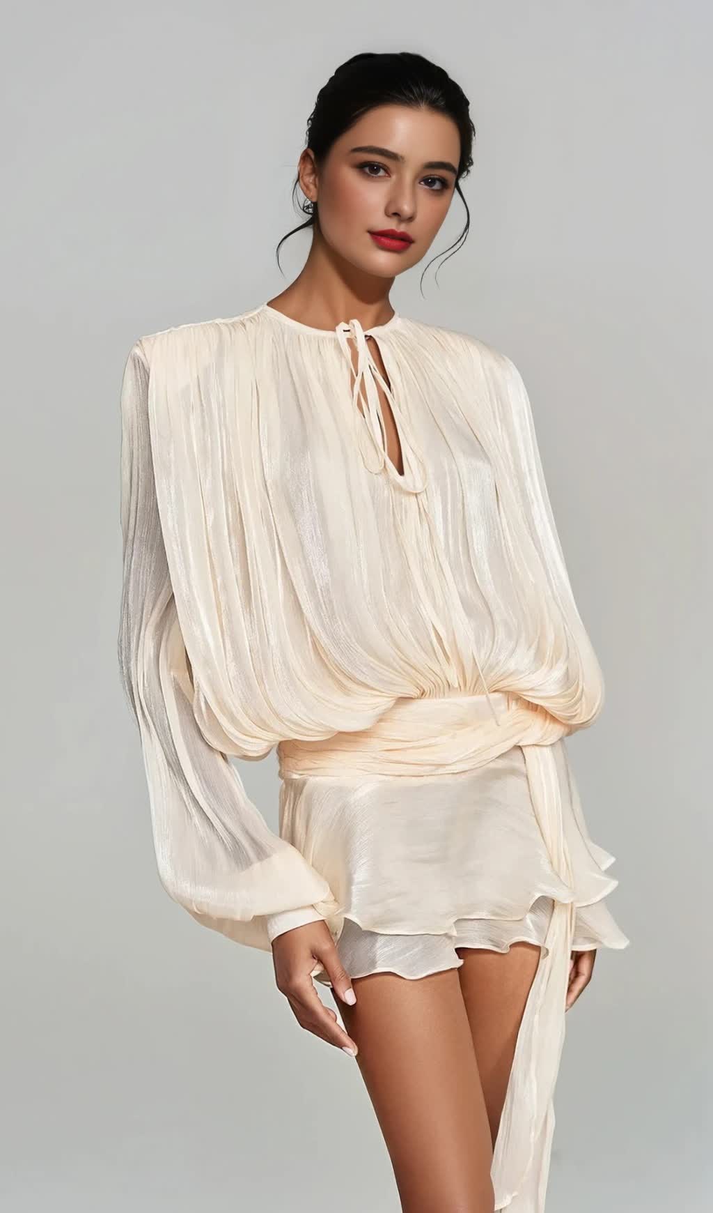 HERMOSA BALLOON SLEEVE RUCH RUFFLE MINI DRESS IN APRICOT