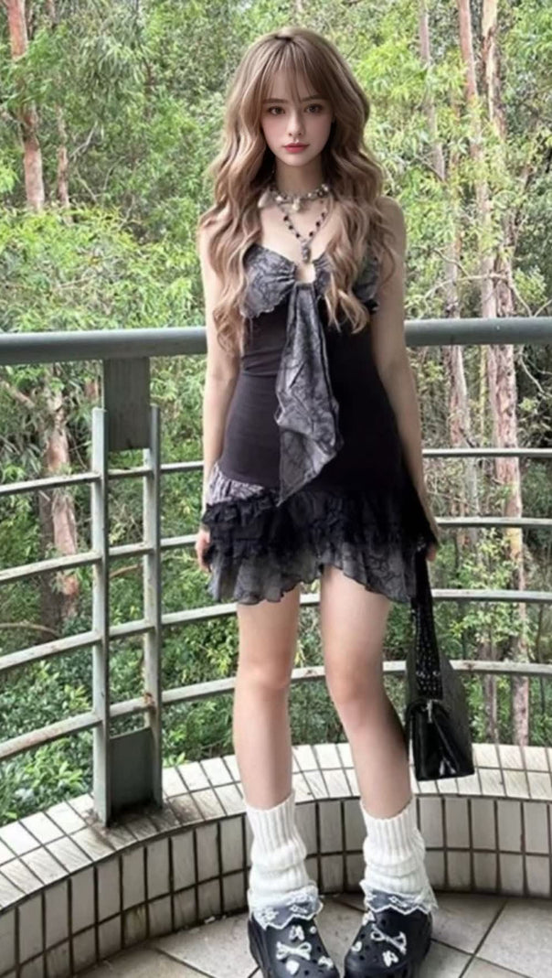 AIIZIE BLOKETTE BLACK LACE - TRIMMED RUFFLED MINI DRESS - product image