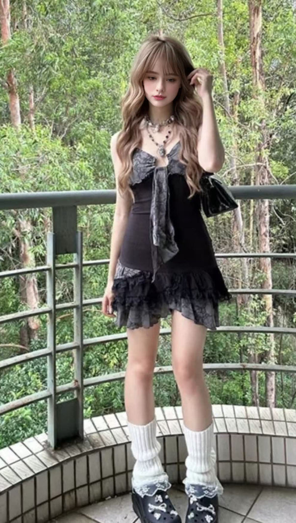 AIIZIE BLOKETTE BLACK LACE - TRIMMED RUFFLED MINI DRESS - product image