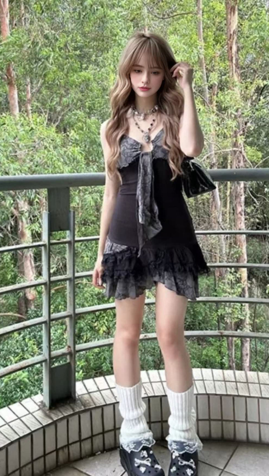 BLOKETTE BLACK LACE - TRIMMED RUFFLED MINI DRESS