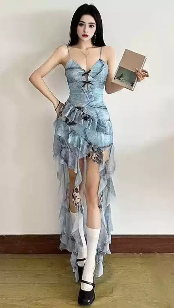 AIIZIE BLUE ASYMMETRIC RUFFLE BLOKETTE MINI DRESS - product image