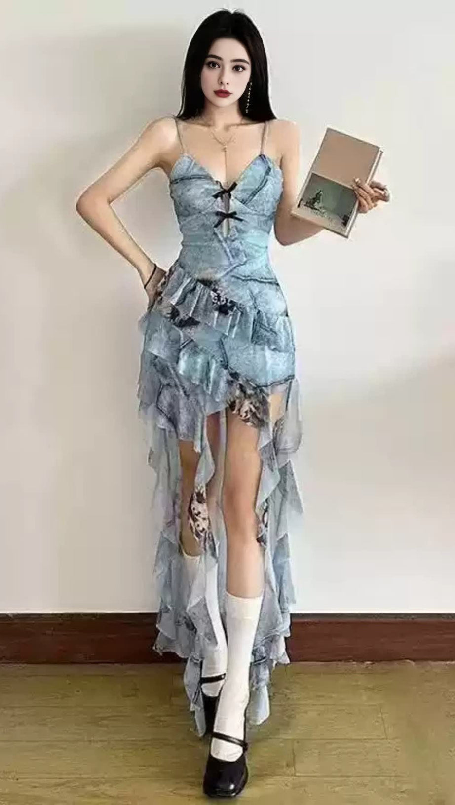 BLUE ASYMMETRIC RUFFLE BLOKETTE MINI DRESS