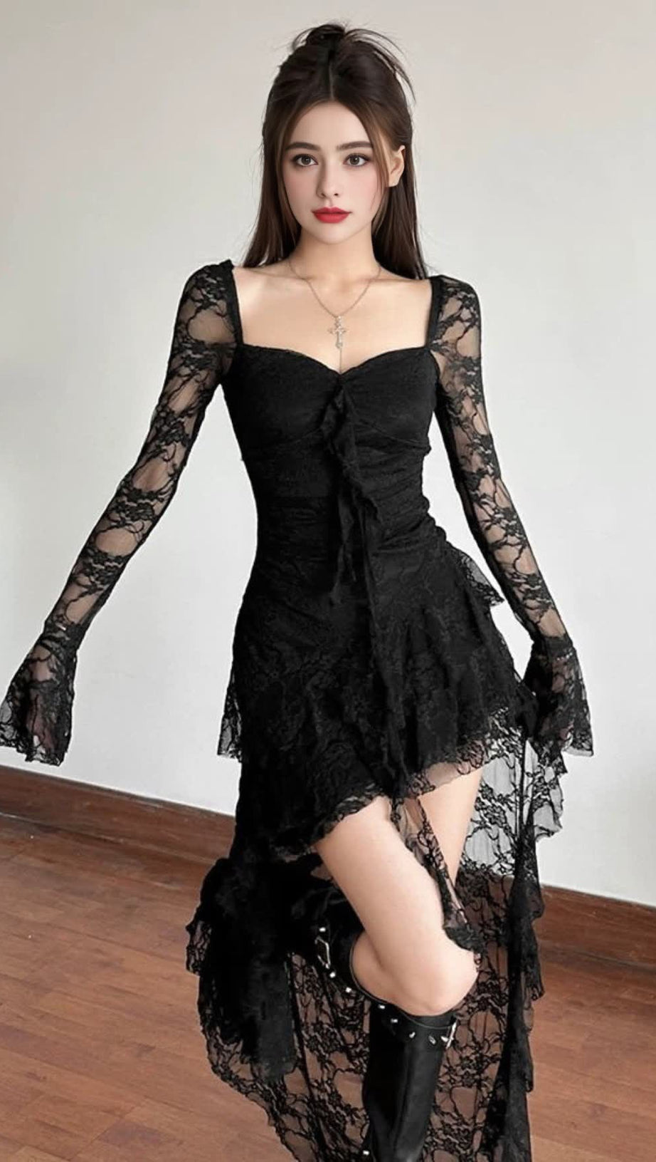 BLACK LACE ASYMMETRIC HEM BLOKETTE MINI DRESS