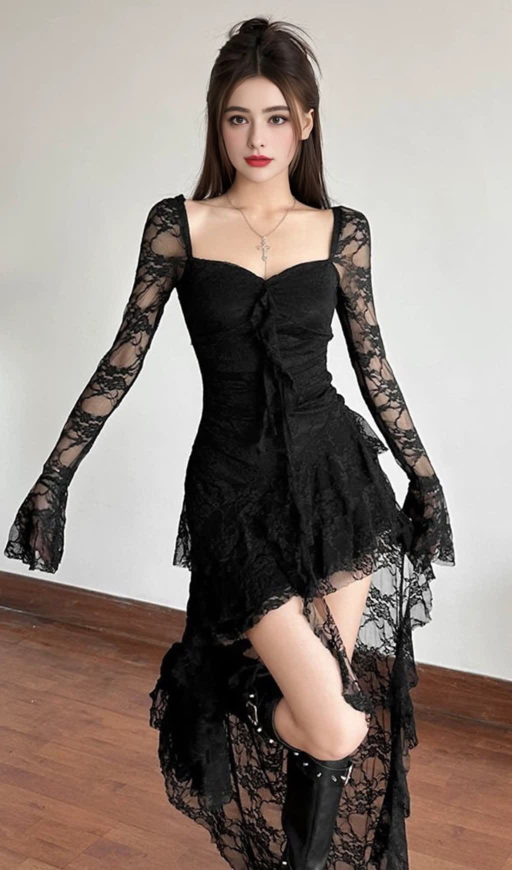 BLACK LACE ASYMMETRIC HEM BLOKETTE MINI DRESS