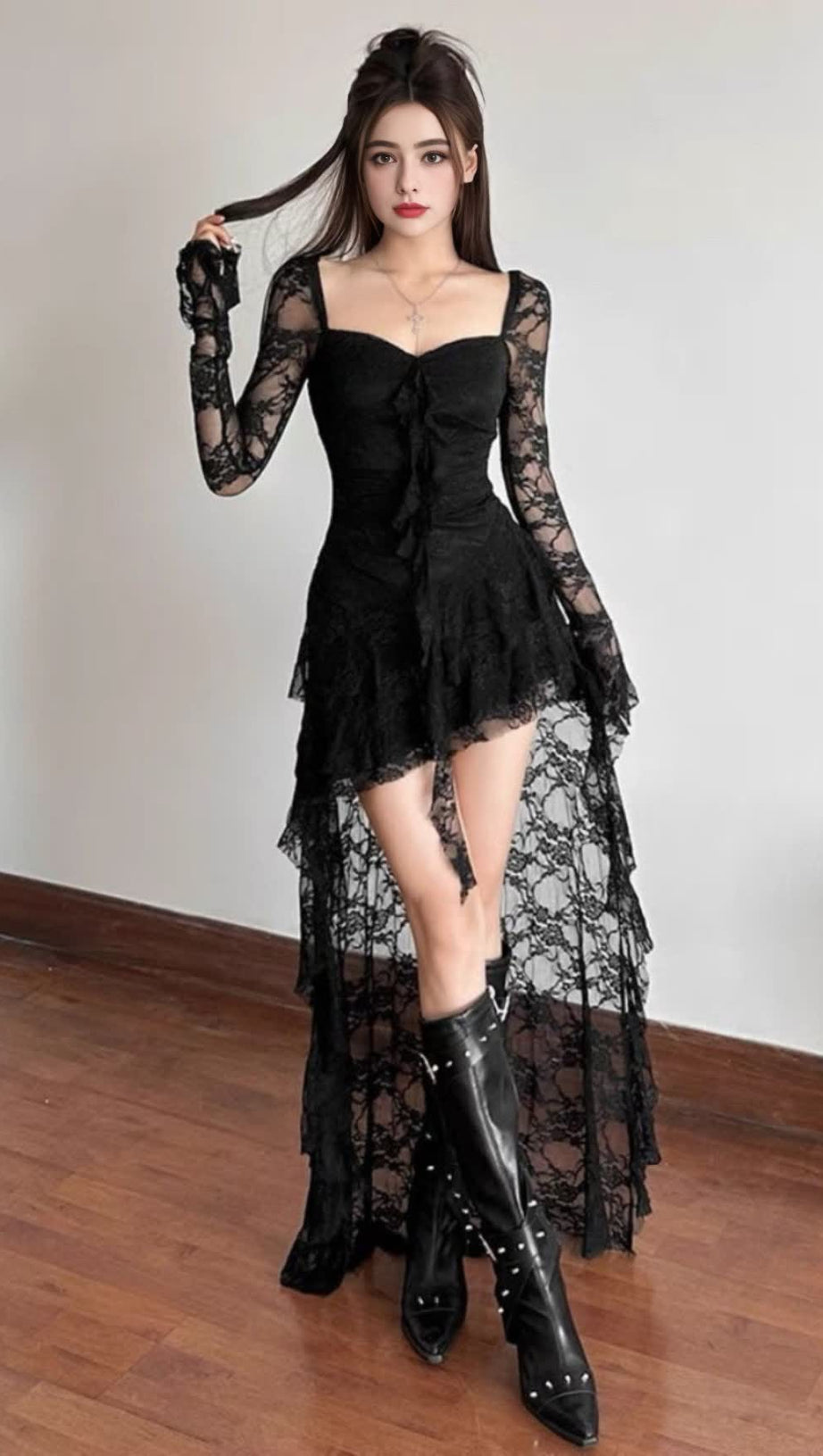 BLACK LACE ASYMMETRIC HEM BLOKETTE MINI DRESS