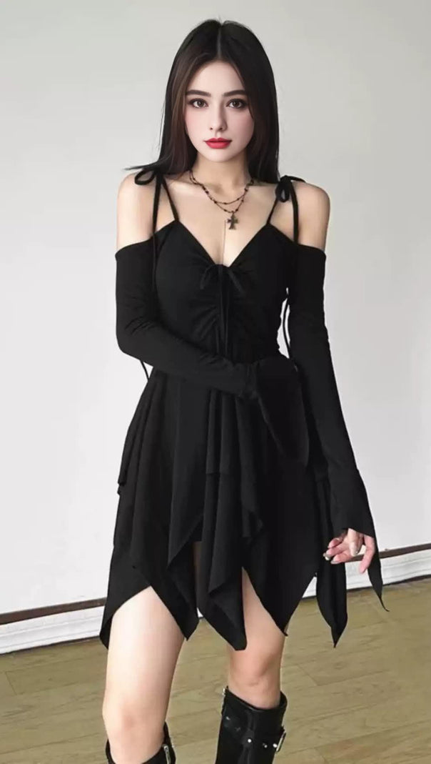 AIIZIE BLACK OFF - SHOULDER ASYMMETRIC BLOKETTE MINI DRESS - product image
