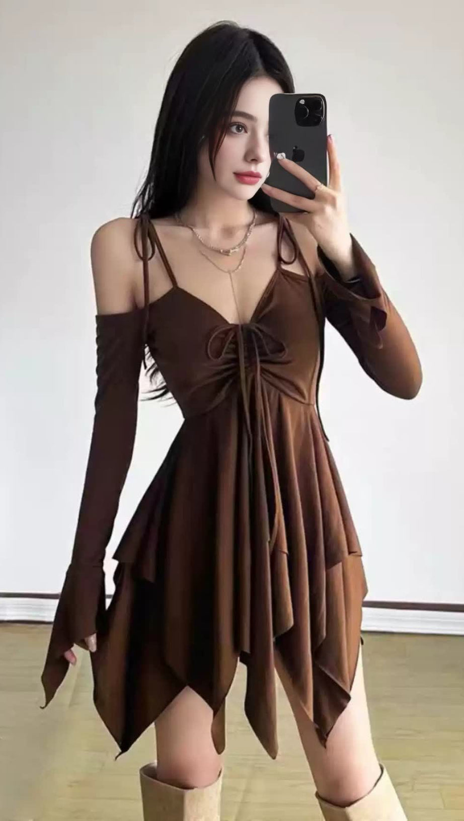 BROWN OFF - SHOULDER ASYMMETRIC BLOKETTE MINI DRESS