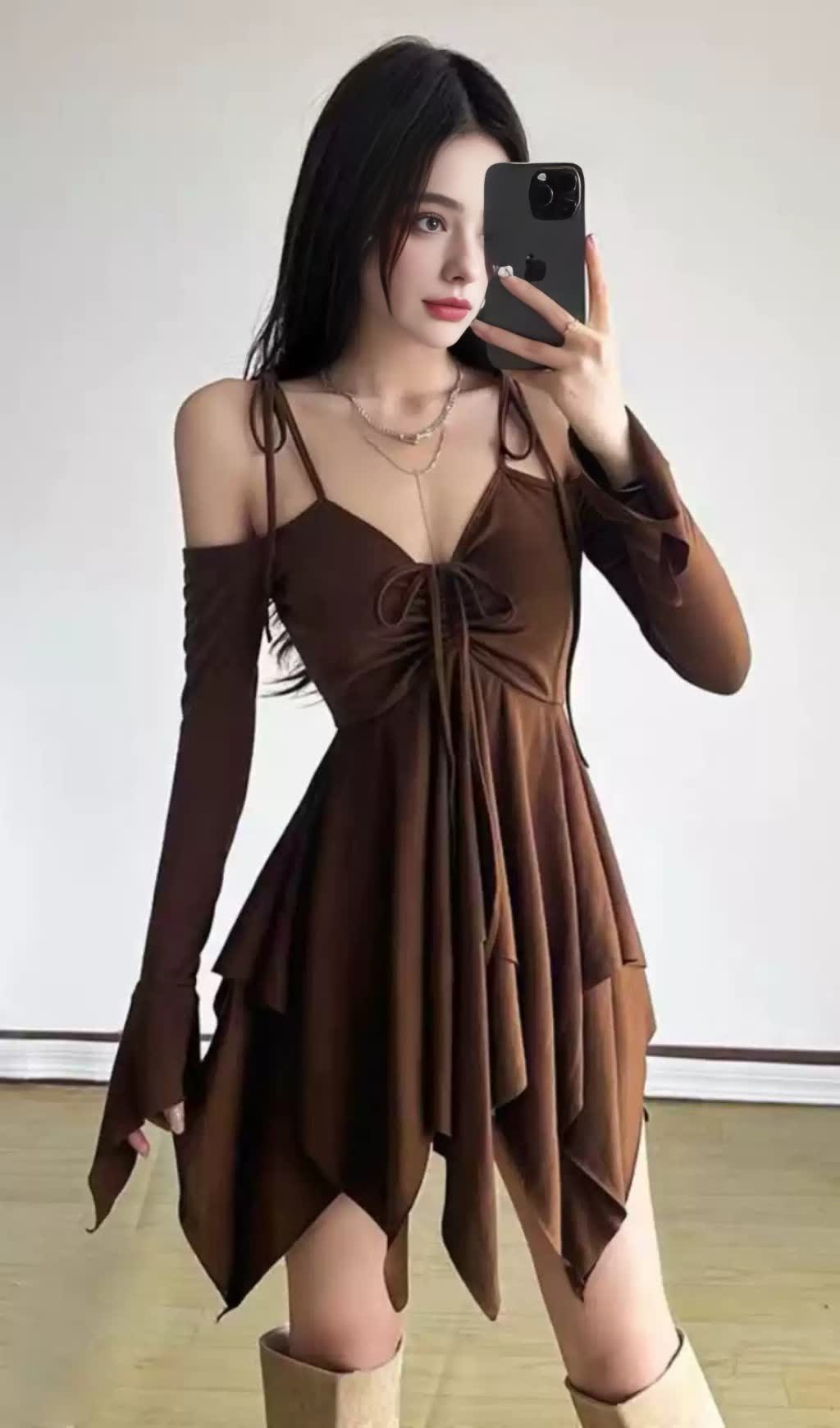 BROWN OFF - SHOULDER ASYMMETRIC BLOKETTE MINI DRESS