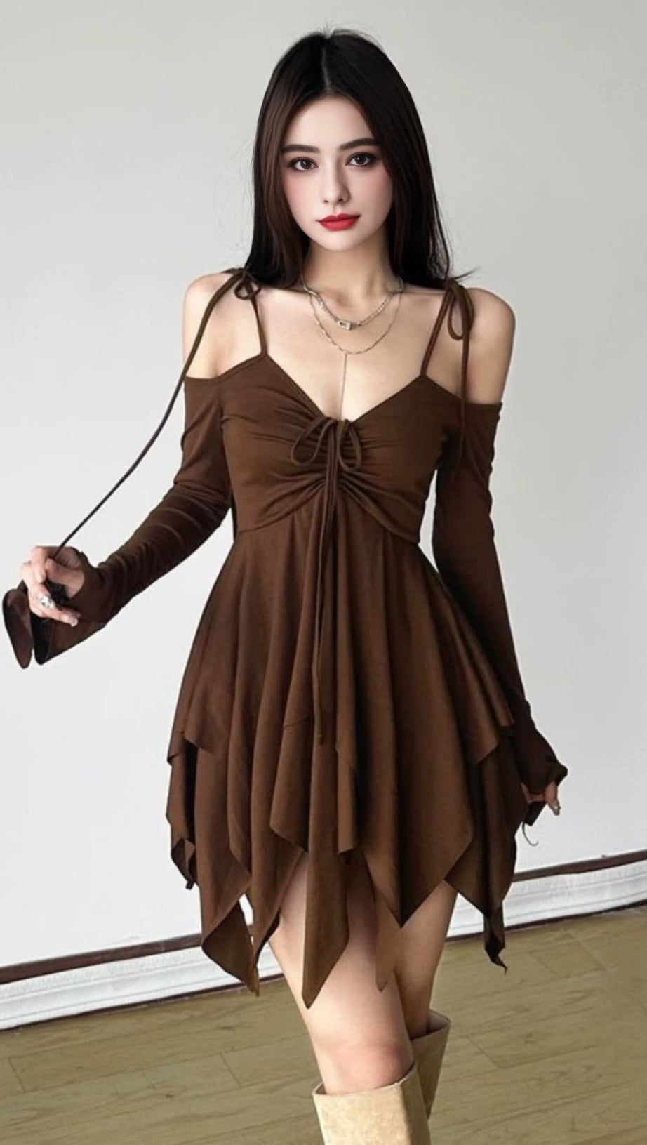 BROWN OFF - SHOULDER ASYMMETRIC BLOKETTE MINI DRESS