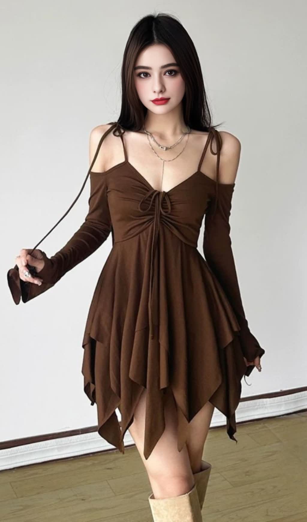 BROWN OFF - SHOULDER ASYMMETRIC BLOKETTE MINI DRESS