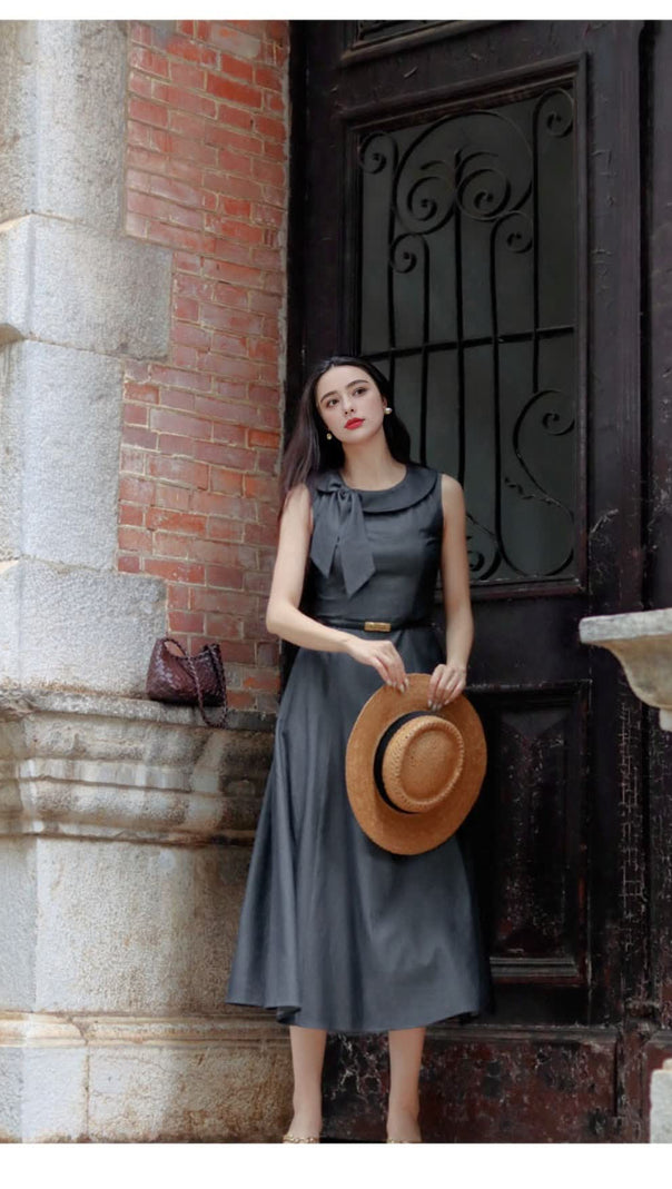 AIIZIE GREY SLEEVELESS BELTED MIDI DRESS - product image