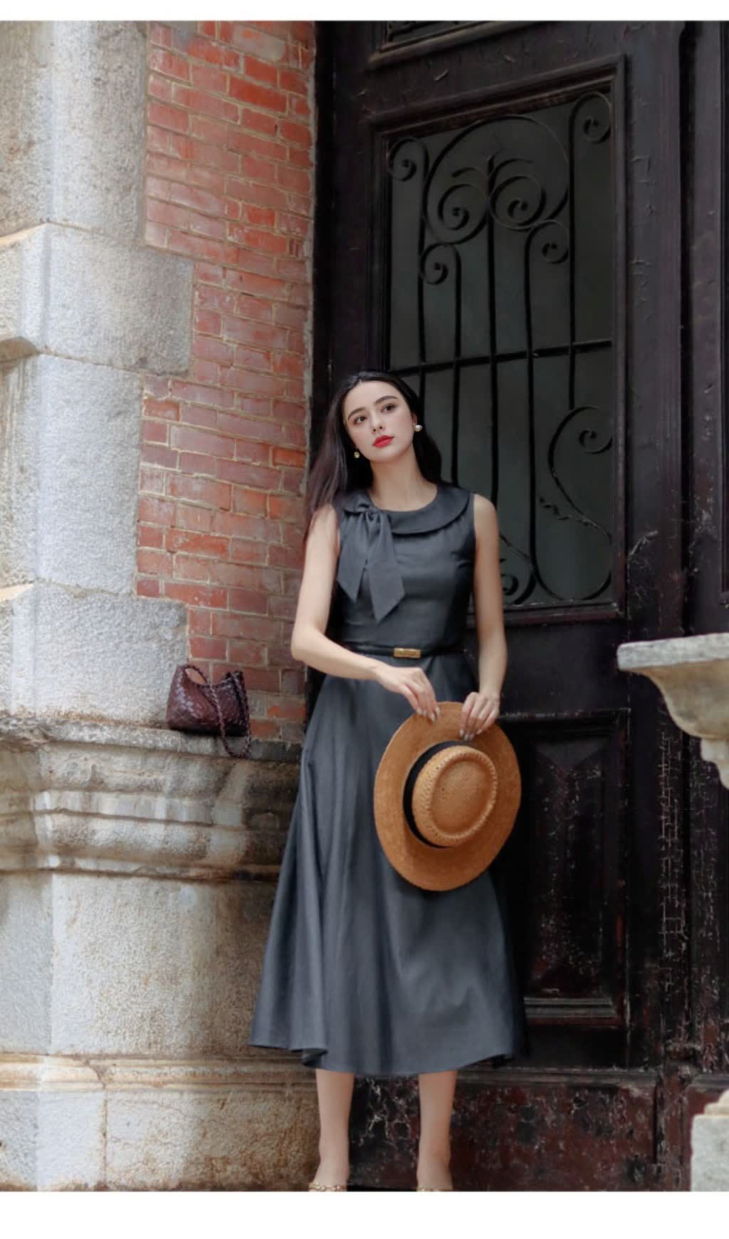 GREY SLEEVELESS BELTED MIDI DRESS