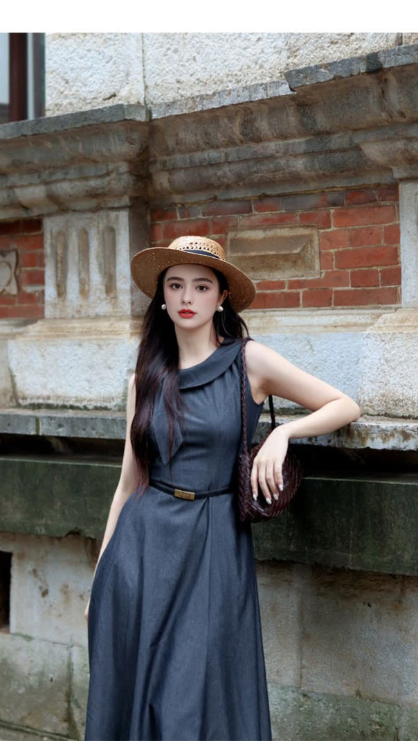 AIIZIE GREY SLEEVELESS BELTED MIDI DRESS - product image