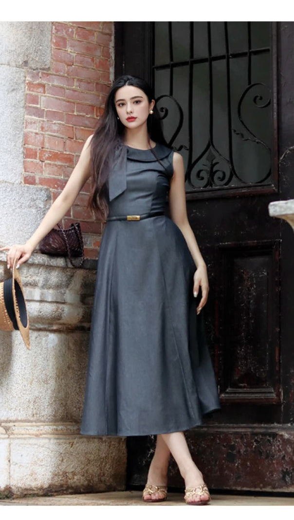 AIIZIE GREY SLEEVELESS BELTED MIDI DRESS - product image