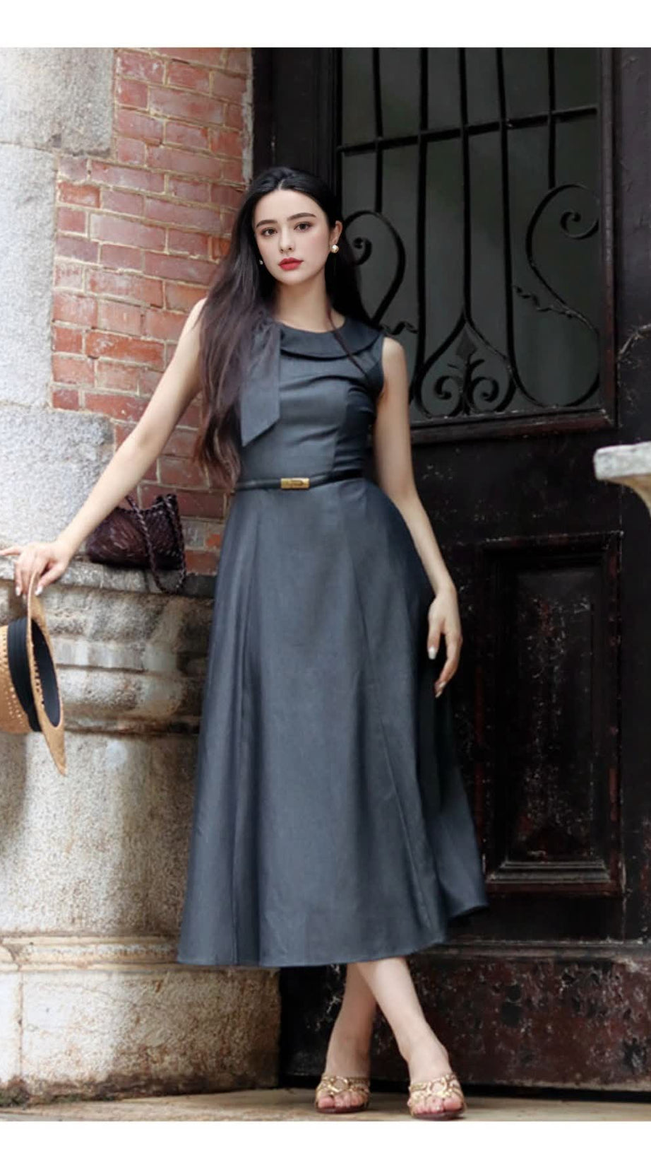 GREY SLEEVELESS BELTED MIDI DRESS