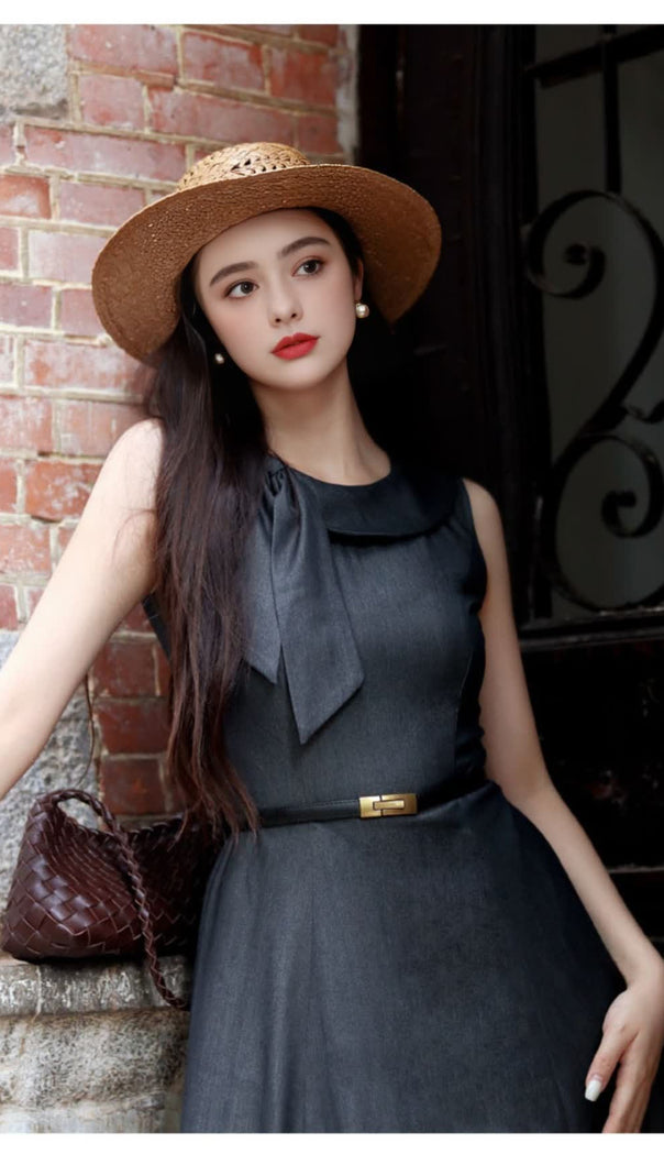 AIIZIE GREY SLEEVELESS BELTED MIDI DRESS - product image