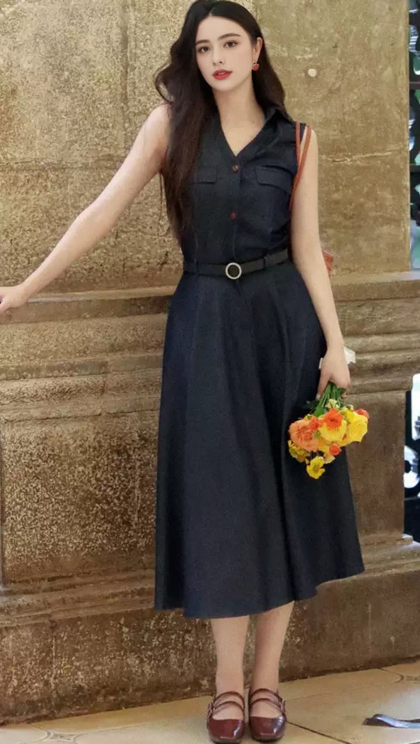 AIIZIE NAVY SLEEVELESS SHIRT MIDI DRESS - product image