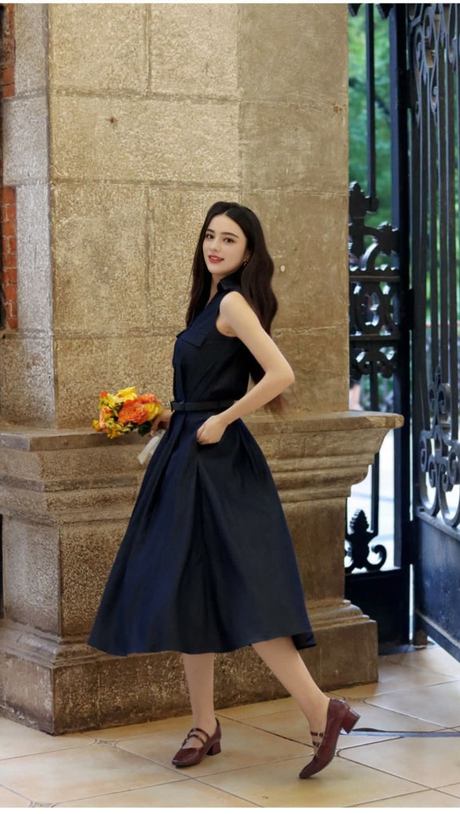 NAVY SLEEVELESS SHIRT MIDI DRESS