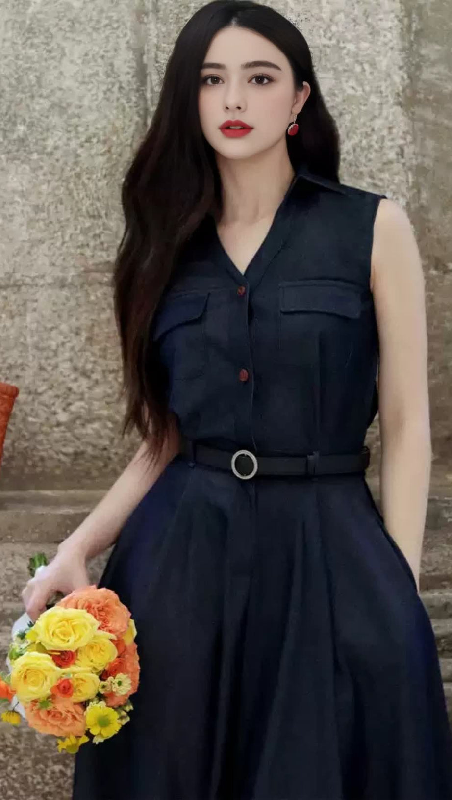 NAVY SLEEVELESS SHIRT MIDI DRESS