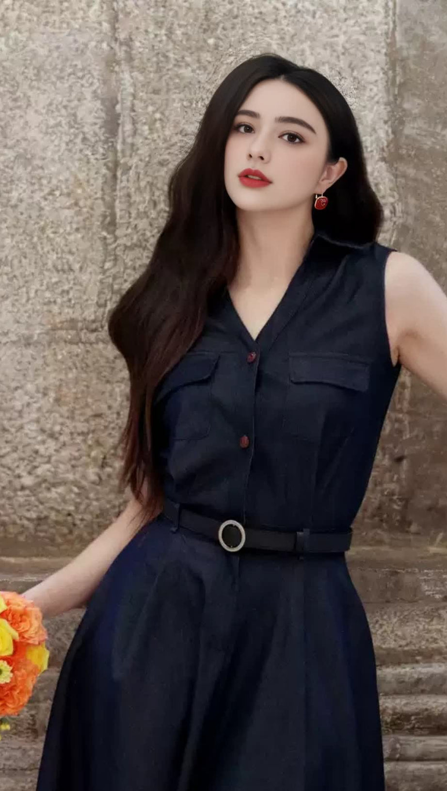 NAVY SLEEVELESS SHIRT MIDI DRESS