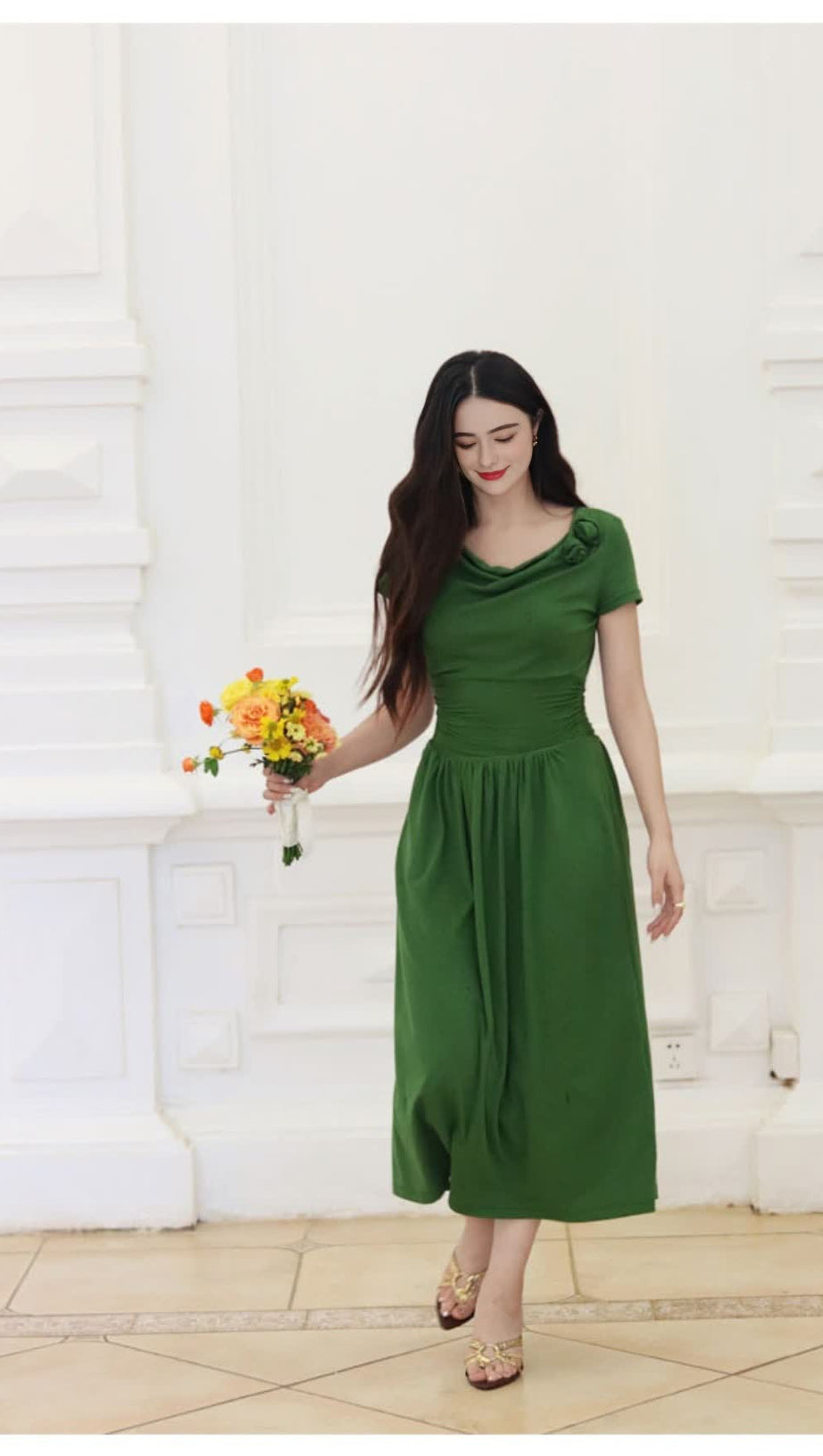 GREEN COWL NECK MIDI DRESS