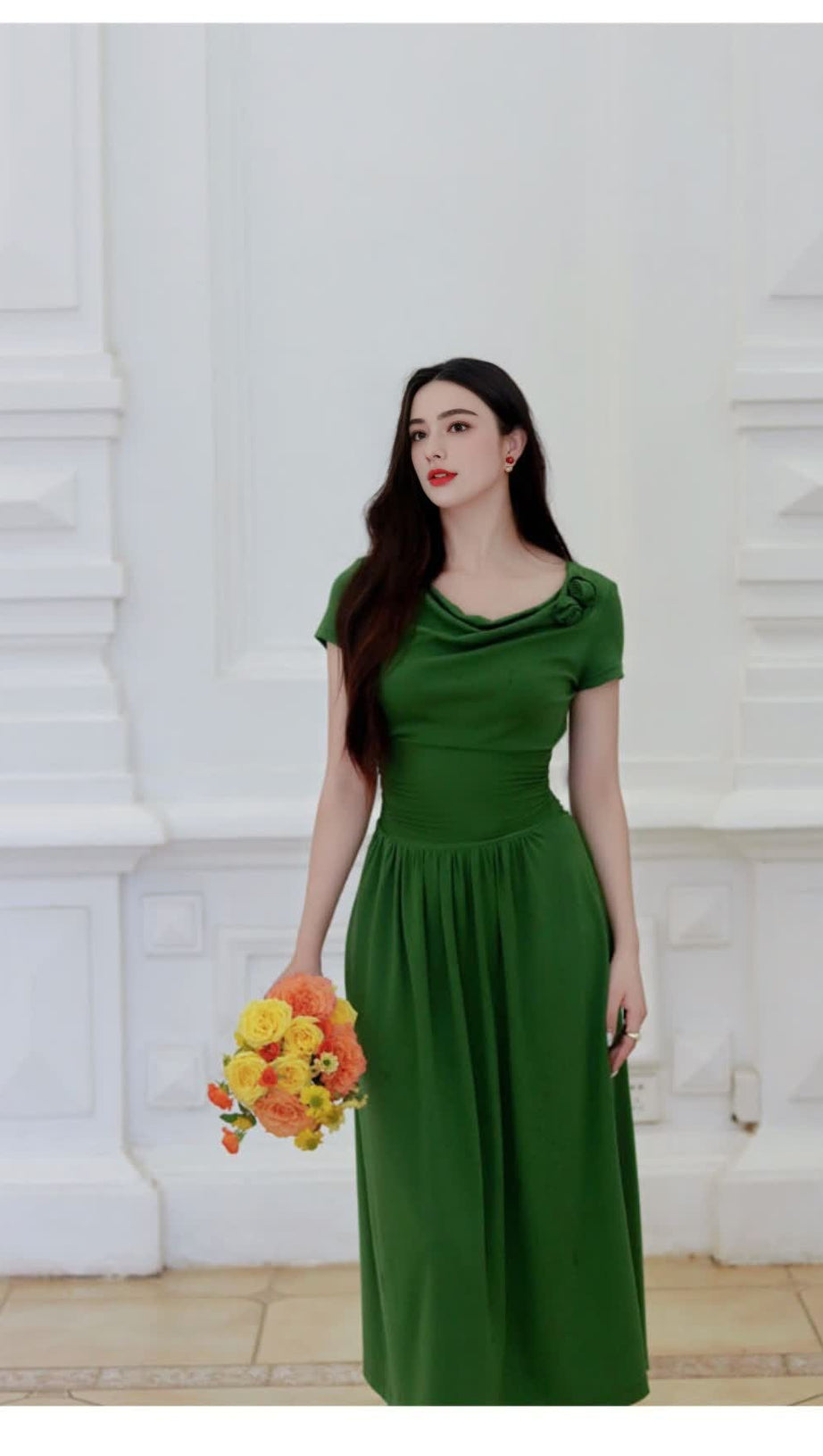 GREEN COWL NECK MIDI DRESS