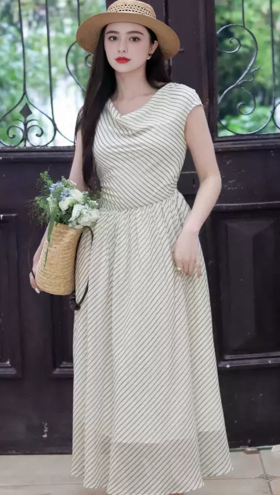 ABITO MIDI IN CHIFFON CON SPACCO A RIGHE COLOR ALBICOCCA 