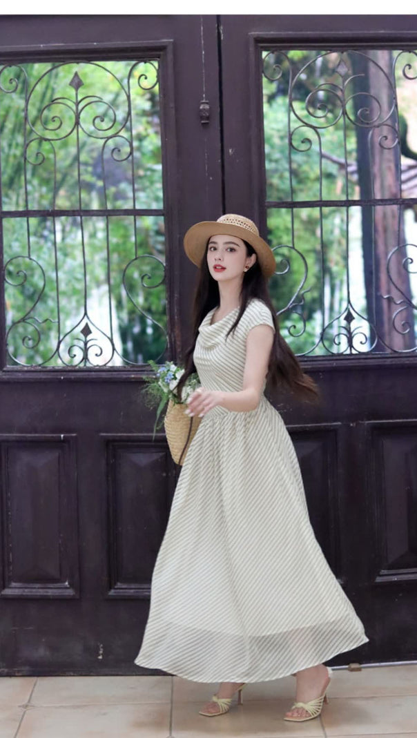AIIZIE APRICOT STRIPED SLIT - NECK CHIFFON MIDI DRESS - product image