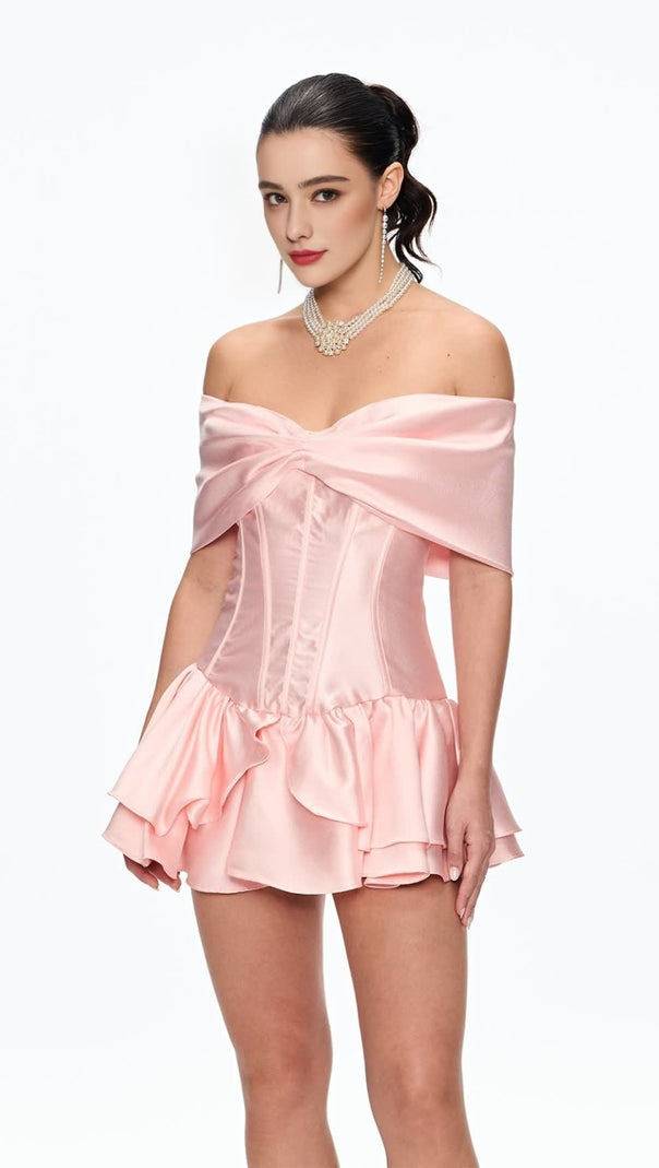 AIIZIE ALISA CORSET BOW RUFFLE SATIN MINI DRESS - product image