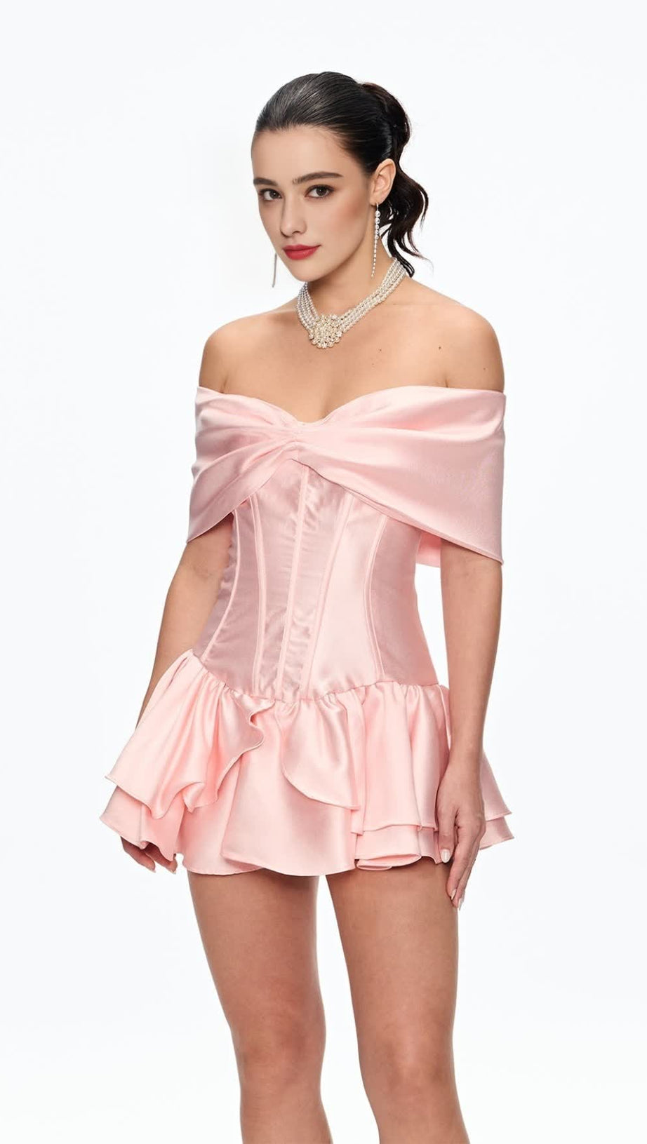ALISA CORSET BOW RUFFLE SATIN MINI DRESS