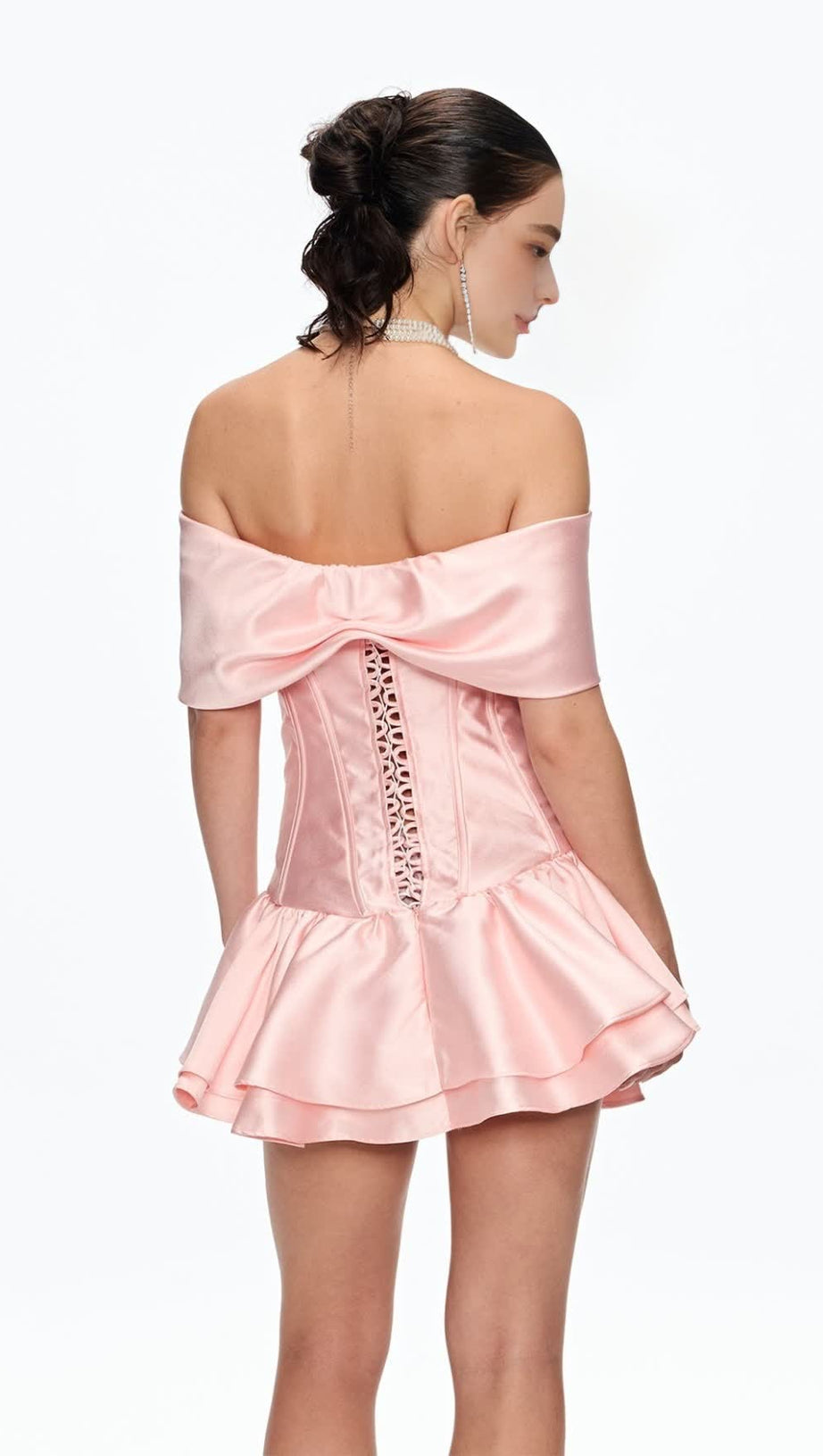 ALISA CORSET BOW RUFFLE SATIN MINI DRESS