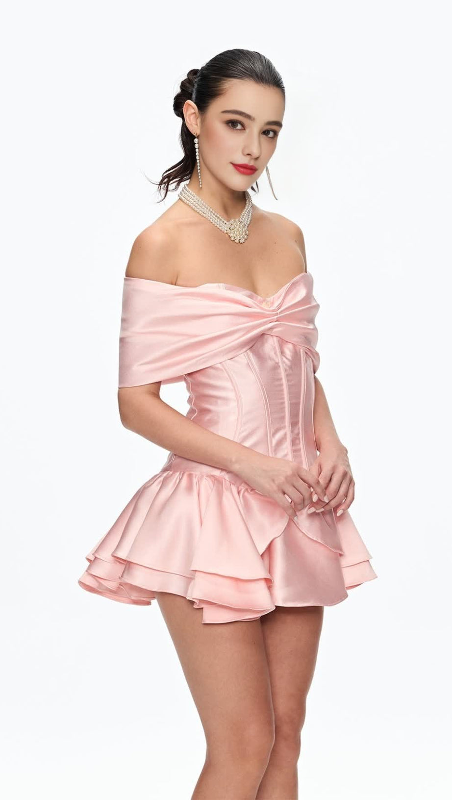 ALISA CORSET BOW RUFFLE SATIN MINI DRESS
