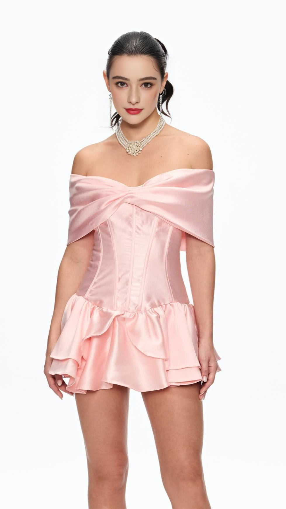 ALISA CORSET BOW RUFFLE SATIN MINI DRESS