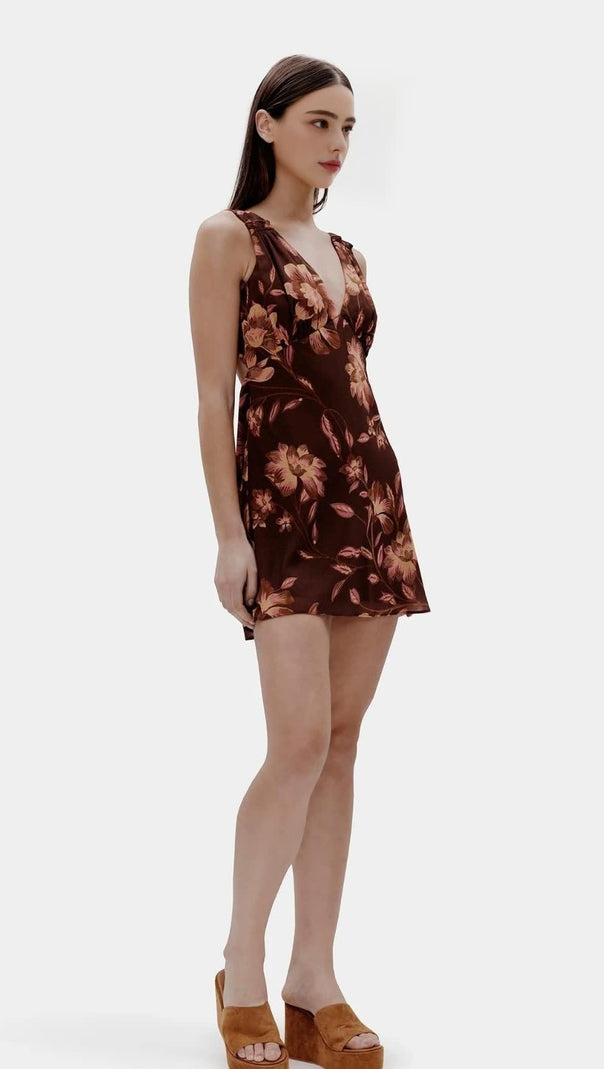 AIIZIE TEA PRINT BACKLESS MINI DRESS IN BROWN - product image