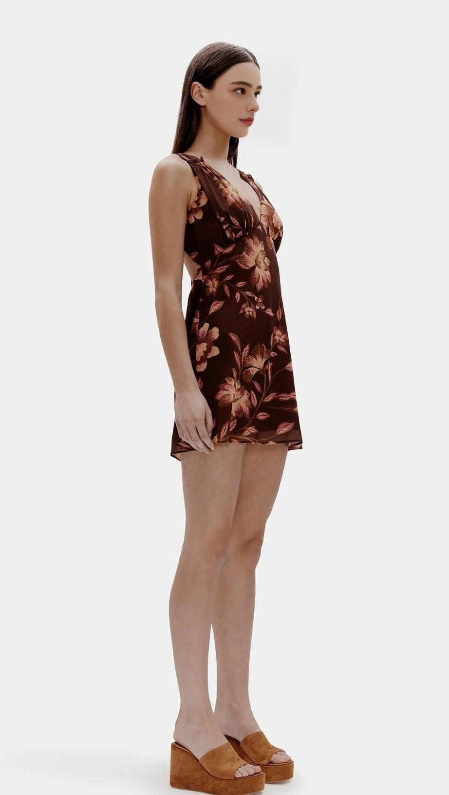 TEA PRINT BACKLESS MINI DRESS IN BROWN