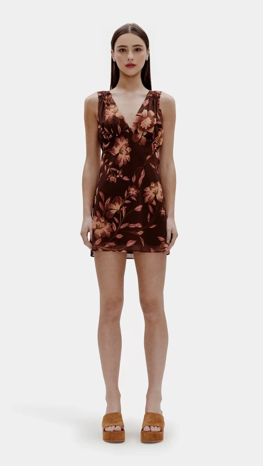 TEA PRINT BACKLESS MINI DRESS IN BROWN