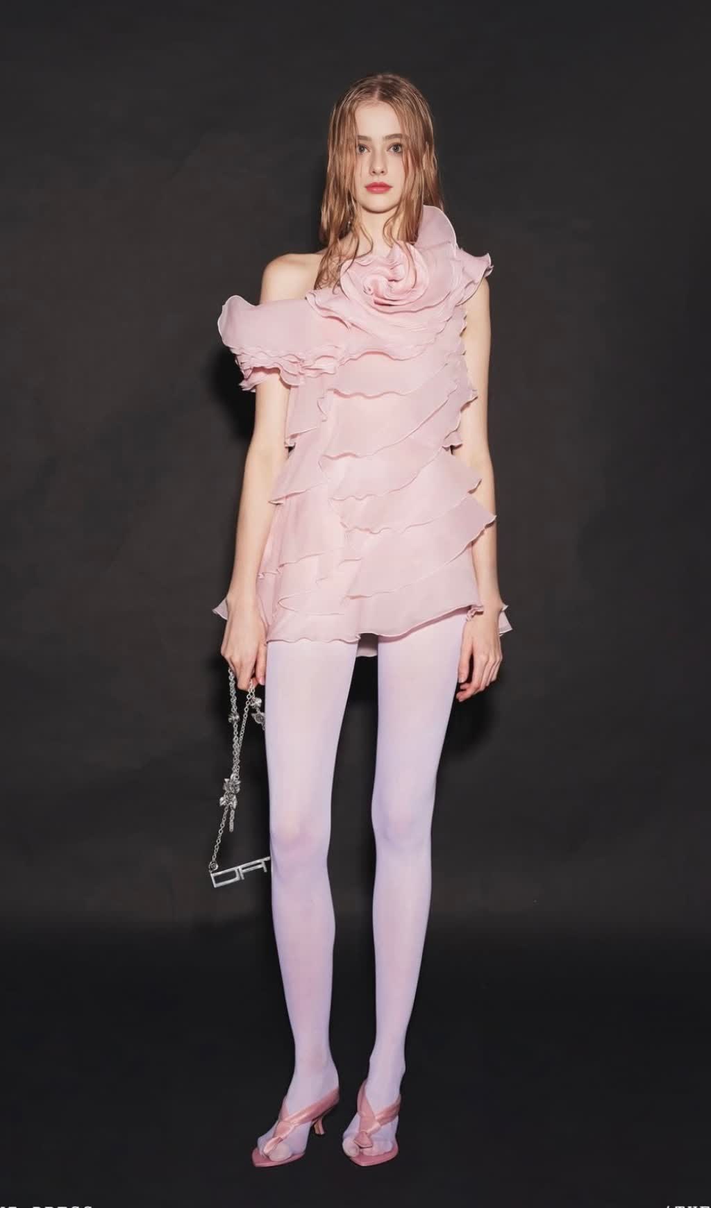 SHELYN FLOWER ONE SHOULDER RUFFLE MINI DRESS - PINK