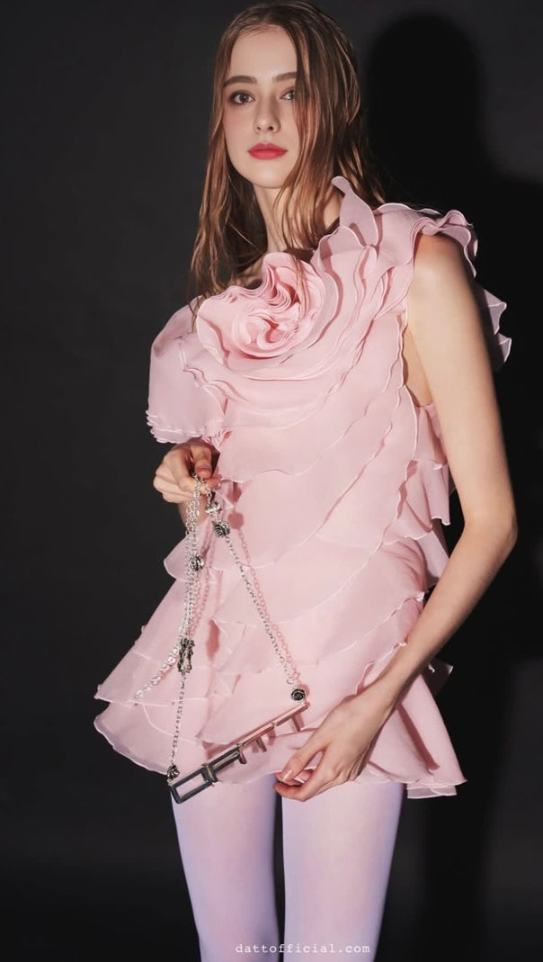 AIIZIE SHELYN FLOWER ONE SHOULDER RUFFLE MINI DRESS - PINK - product image