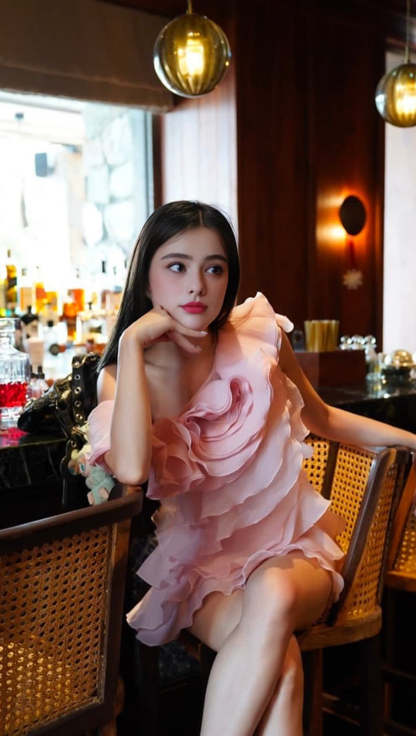 AIIZIE SHELYN FLOWER ONE SHOULDER RUFFLE MINI DRESS - PINK - product image