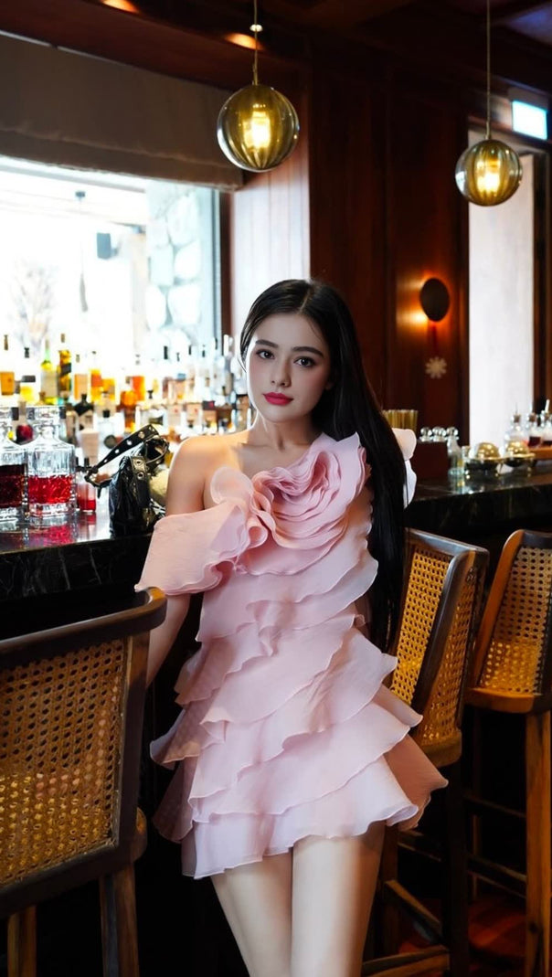 AIIZIE SHELYN FLOWER ONE SHOULDER RUFFLE MINI DRESS - PINK - product image