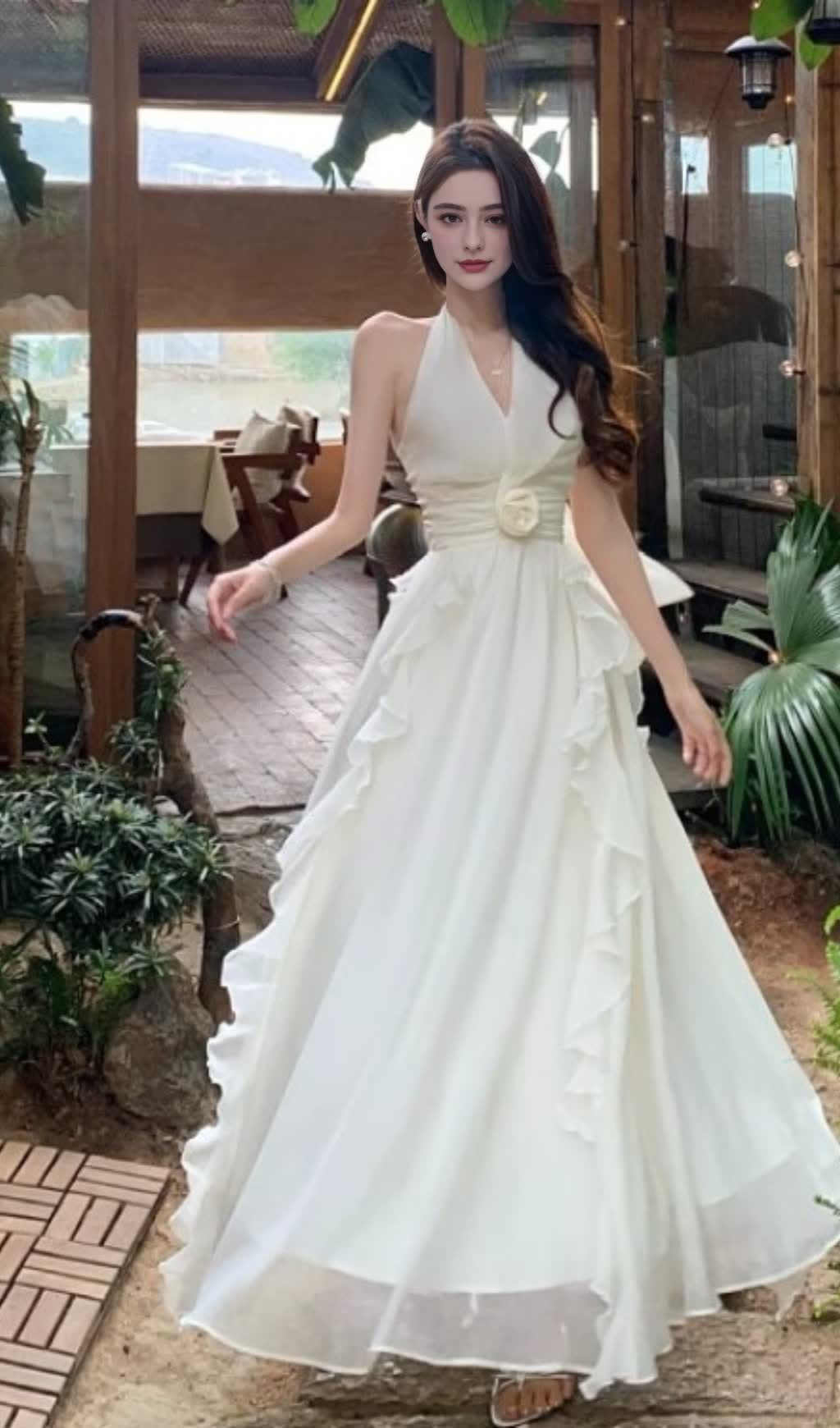 ELEGANT HALTER - NECK RUFFLED MAXI DRESS