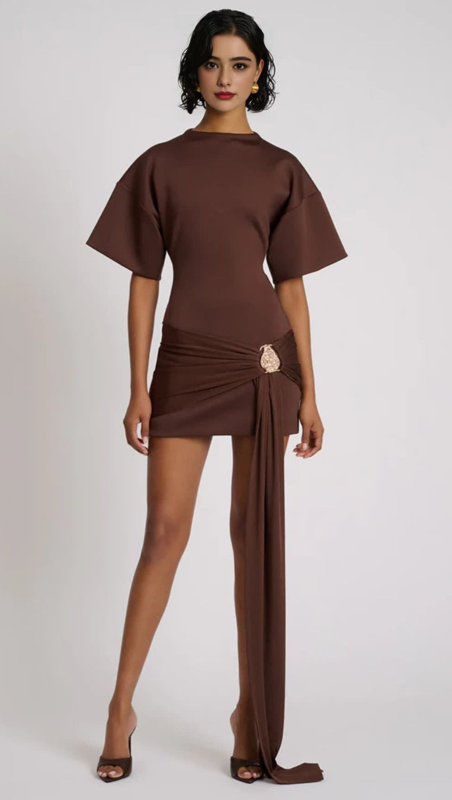 DRAPED EMBELLISHED MINI DRESS - BROWN
