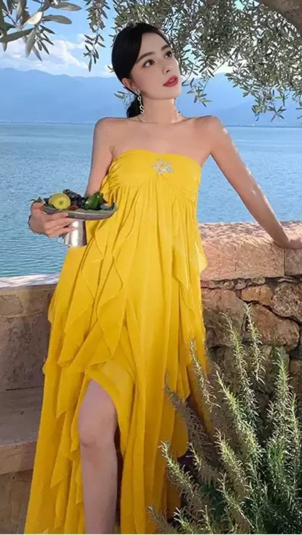 AIIZIE ELEGANT YELLOW STRAPLESS MAXI DRESS - product image