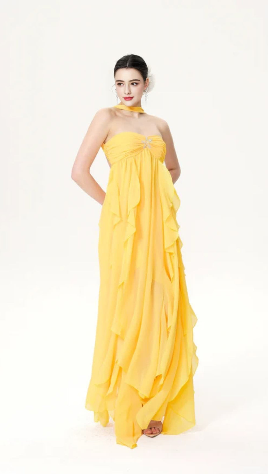 ELEGANTE ABITO LUNGO GIALLO SENZA SPALLINE