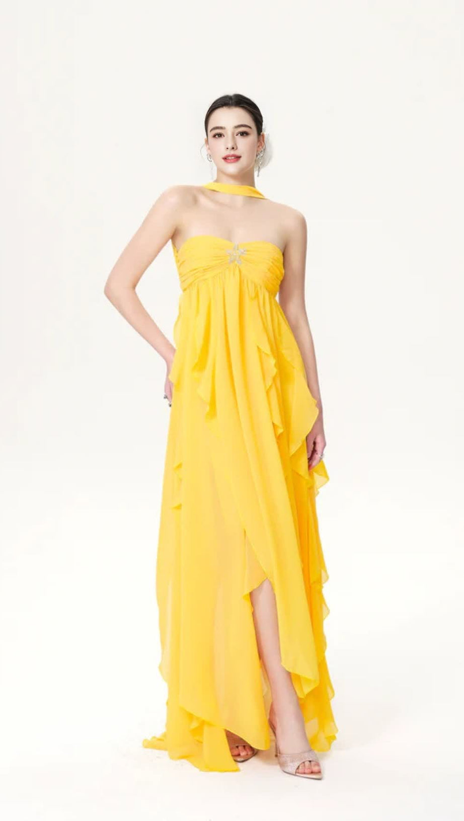 ELEGANTE ABITO LUNGO GIALLO SENZA SPALLINE