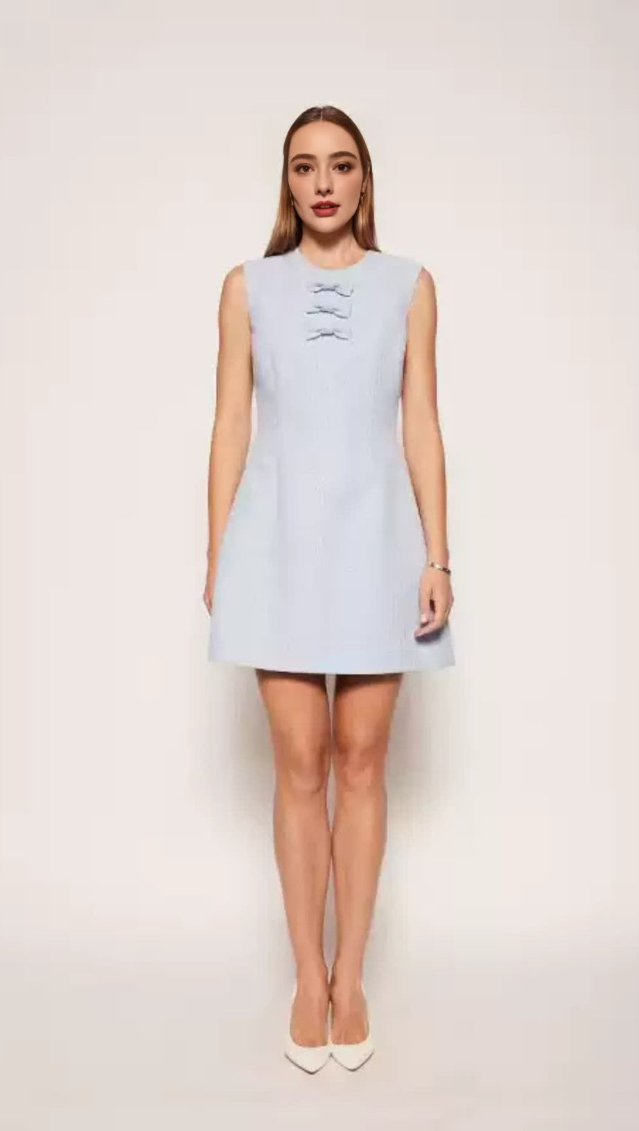 TWEED BOW EMBELLISHED SLEEVELESS MINI DRESS IN BLUE