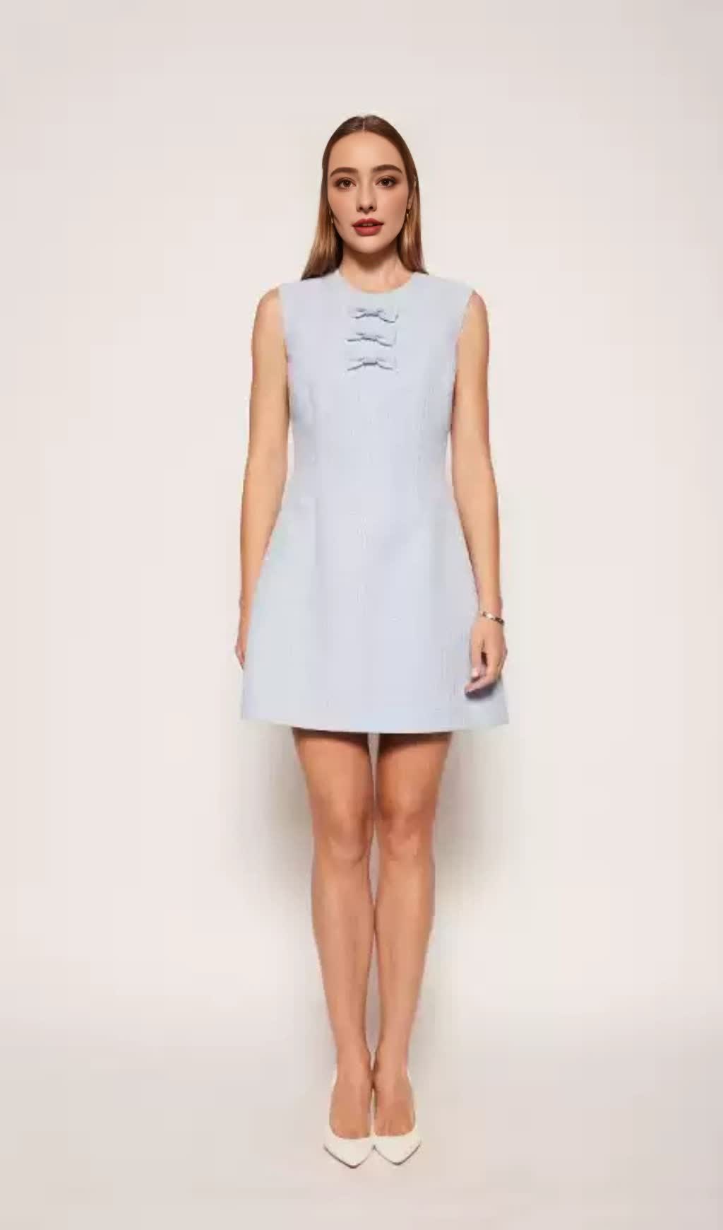 TWEED BOW EMBELLISHED SLEEVELESS MINI DRESS IN BLUE