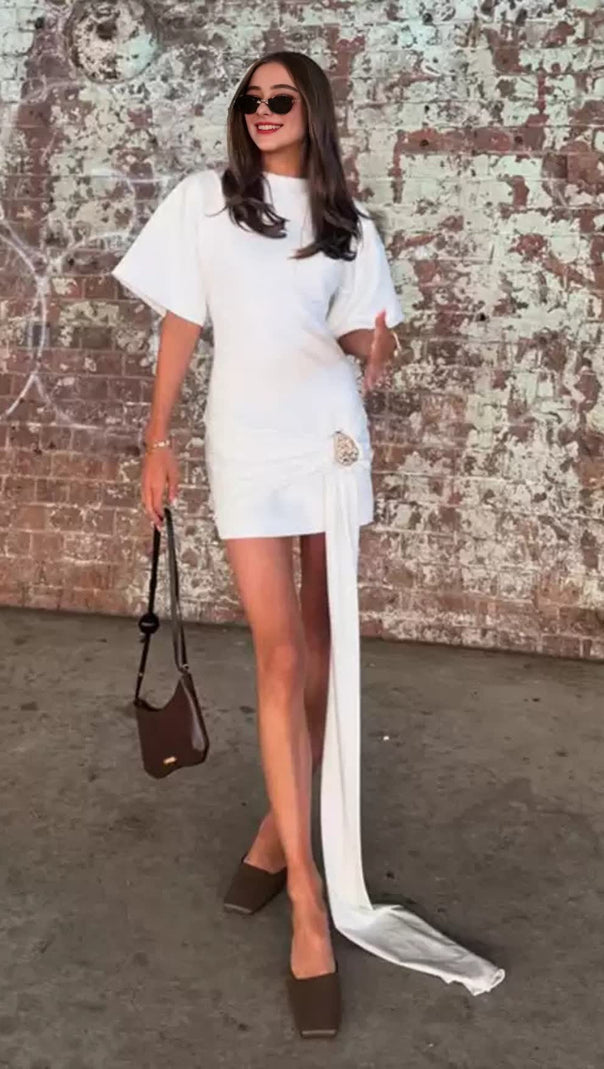 AIIZIE DRAPED EMBELLISHED MINI DRESS - WHITE - product image